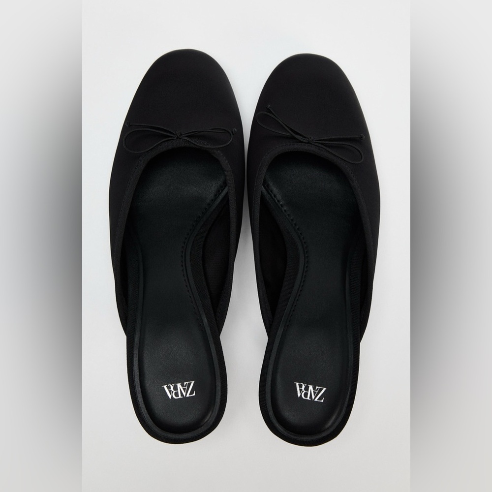 Zara Black Satin Kitten Heel Mules with Bow - Picture 2 of 13